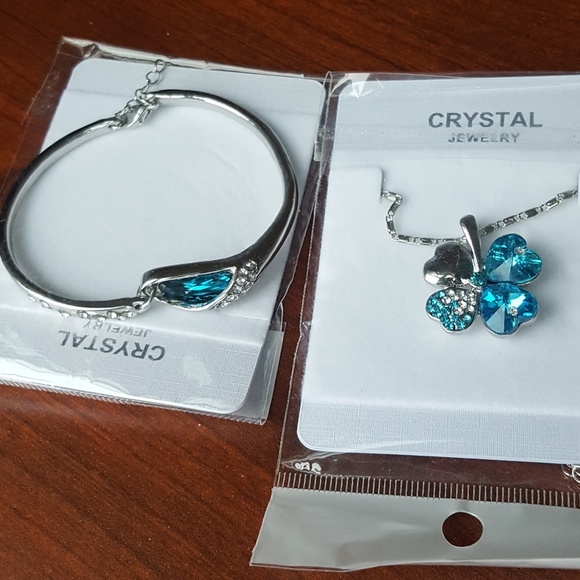 Teal blue zirconia silver necklace & bracelet set - Picture 3 of 8