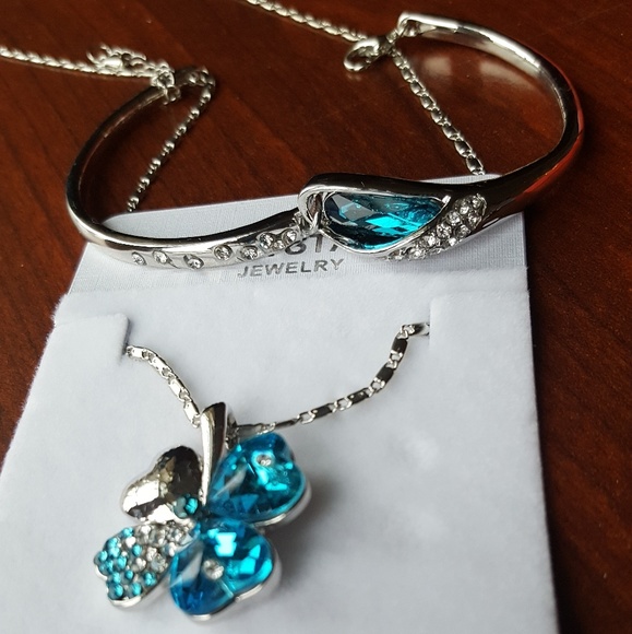 Teal blue zirconia silver necklace & bracelet set - Picture 5 of 8