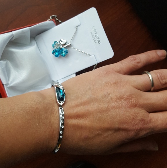 Teal blue zirconia silver necklace & bracelet set - Picture 6 of 8