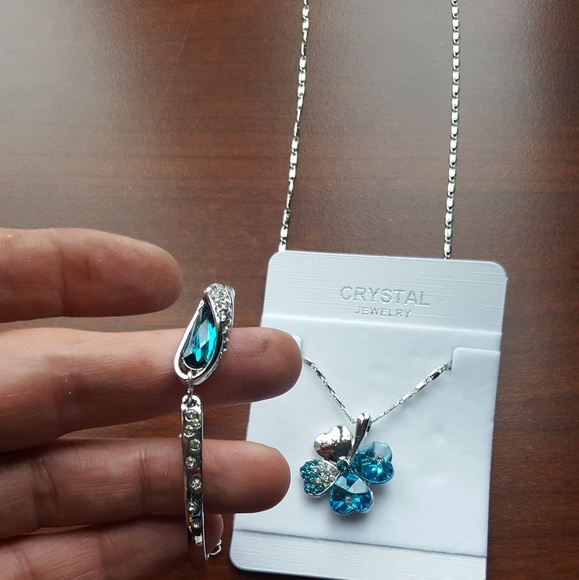 Teal blue zirconia silver necklace & bracelet set - Picture 8 of 8