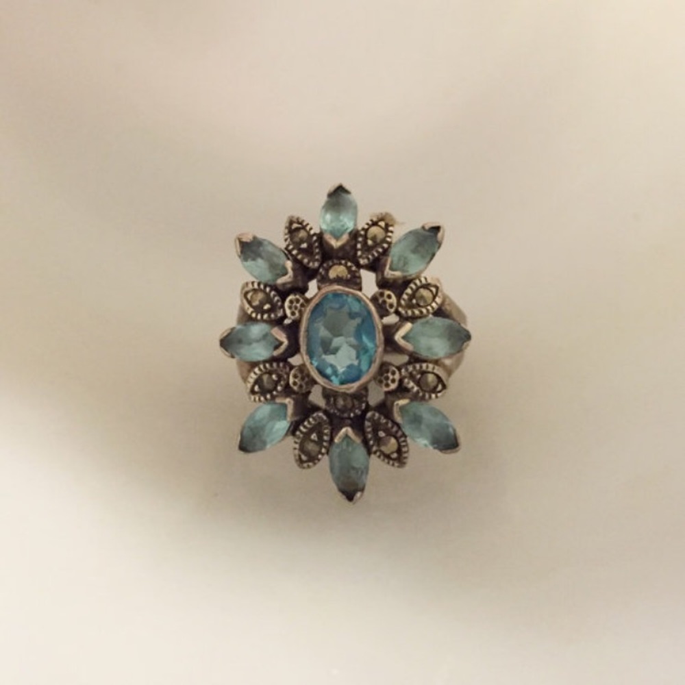 Sterling, Marcasite and Aqua Cocktail Ring