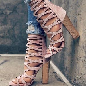 Blush & Rose Gold Velvet Caged Heels