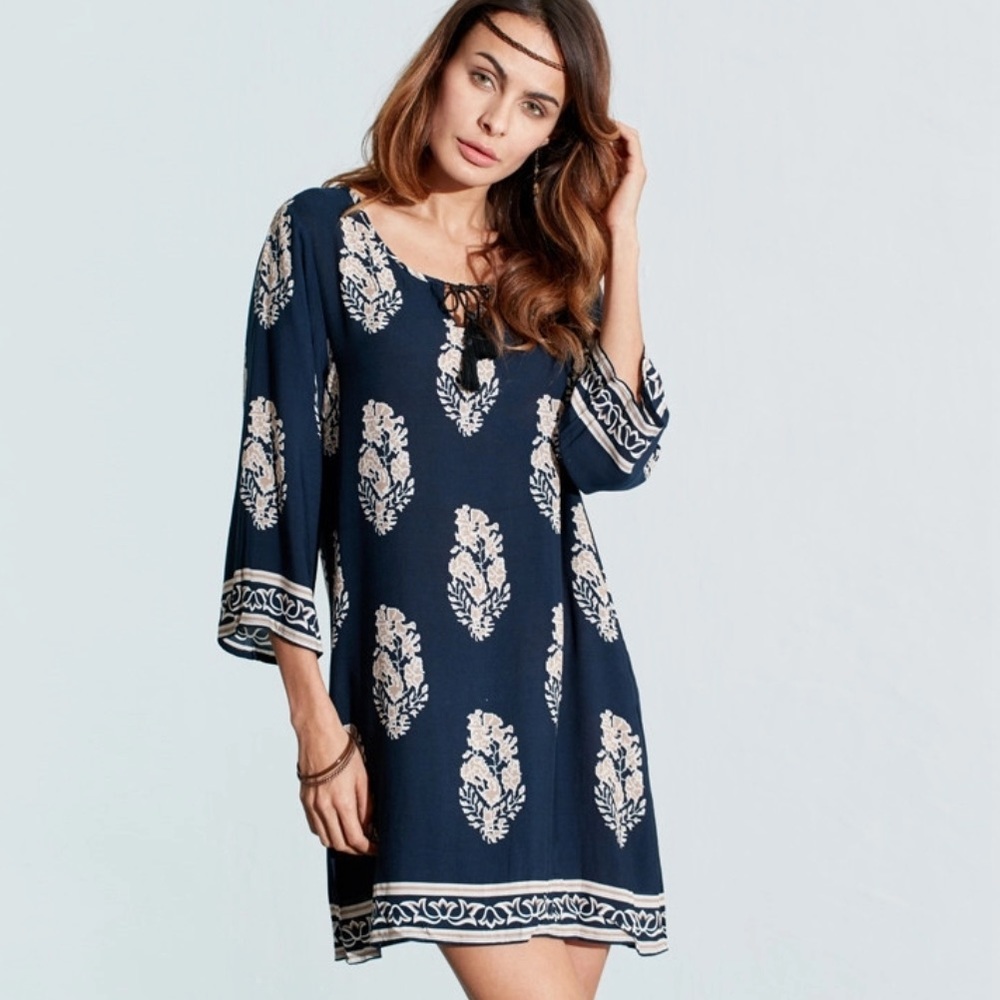 Elegant Retro 3/4 Sleeve Mini Tunic Loose Dress - Picture 1 of 8