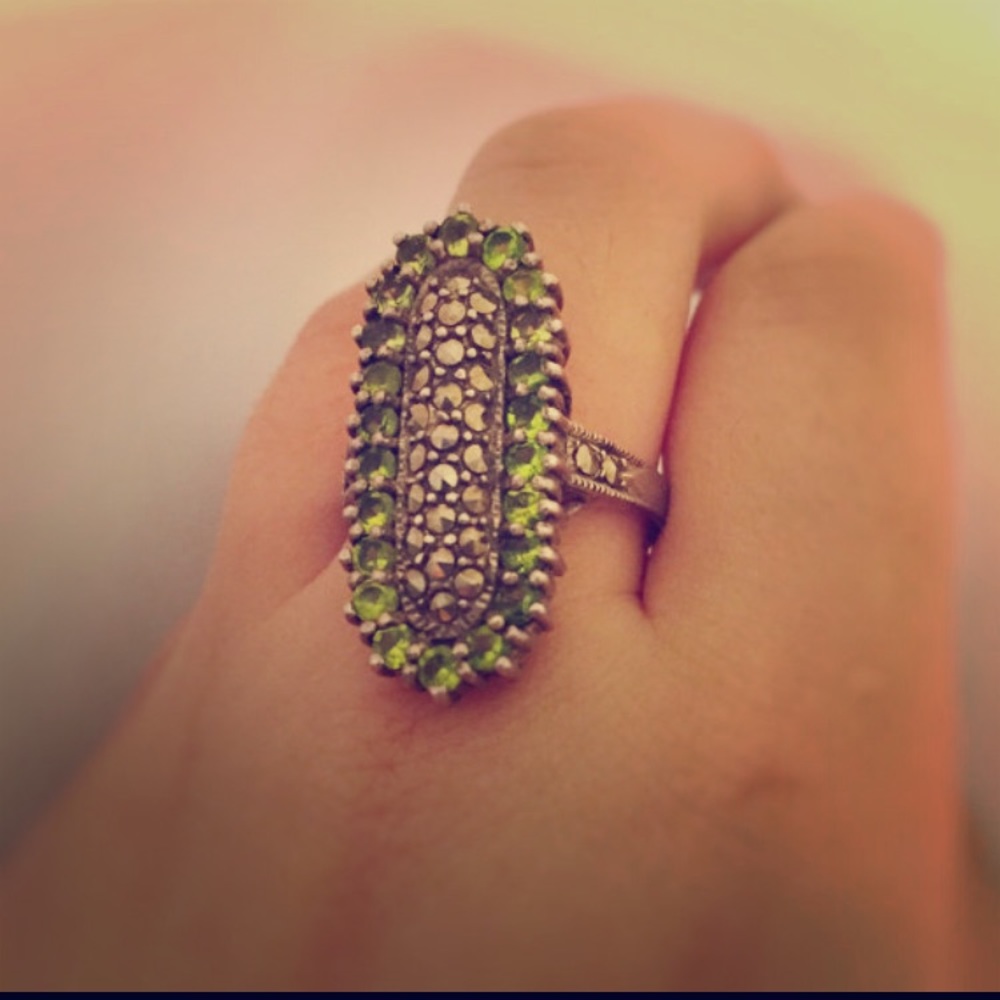 Sterling Silver Peridot CZ Marcasite Ring
