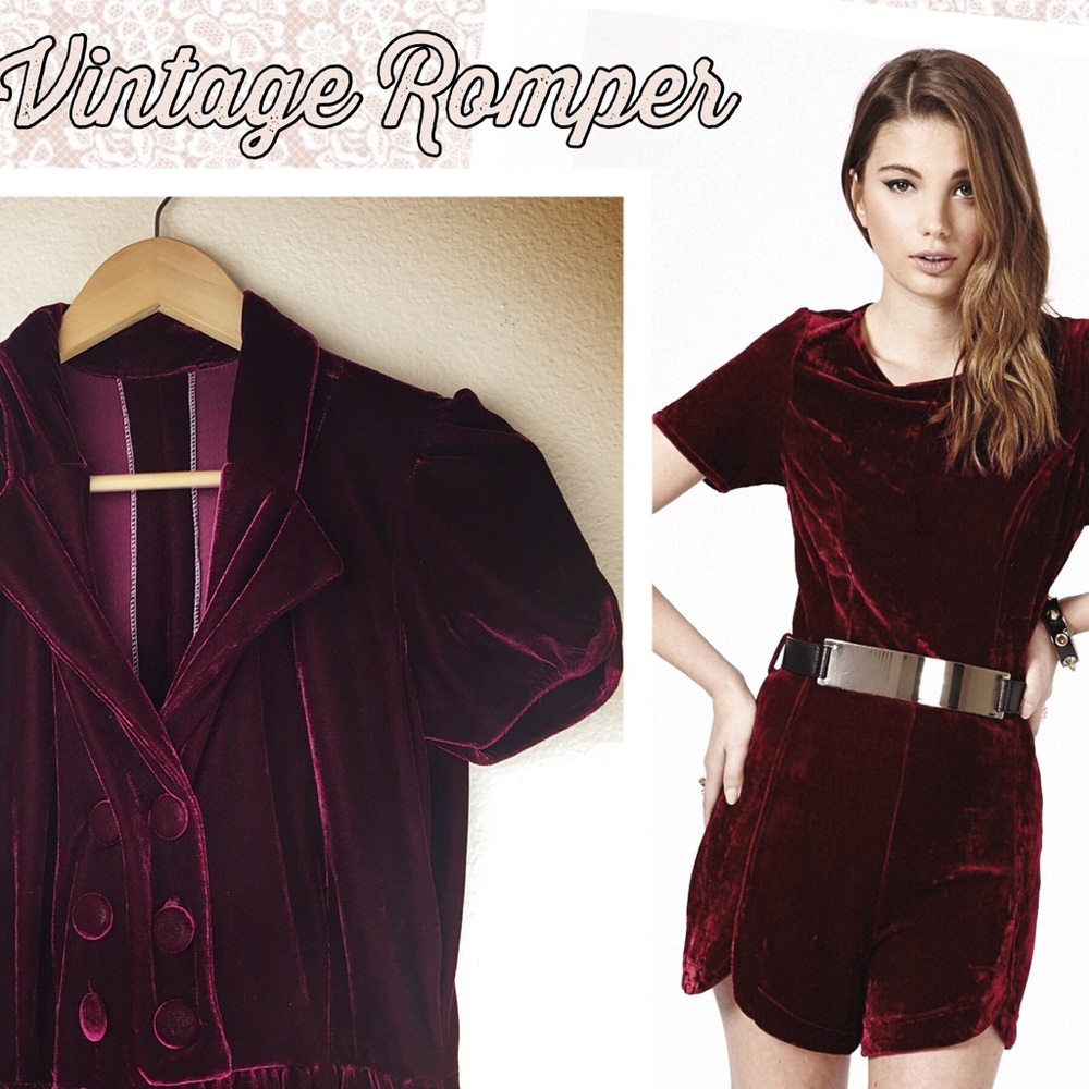 Vintage Velvet Romper Crimson Red Vneck Collar LRG