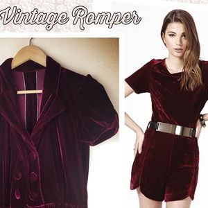 Vintage Velvet Romper Crimson Red Vneck Collar LRG