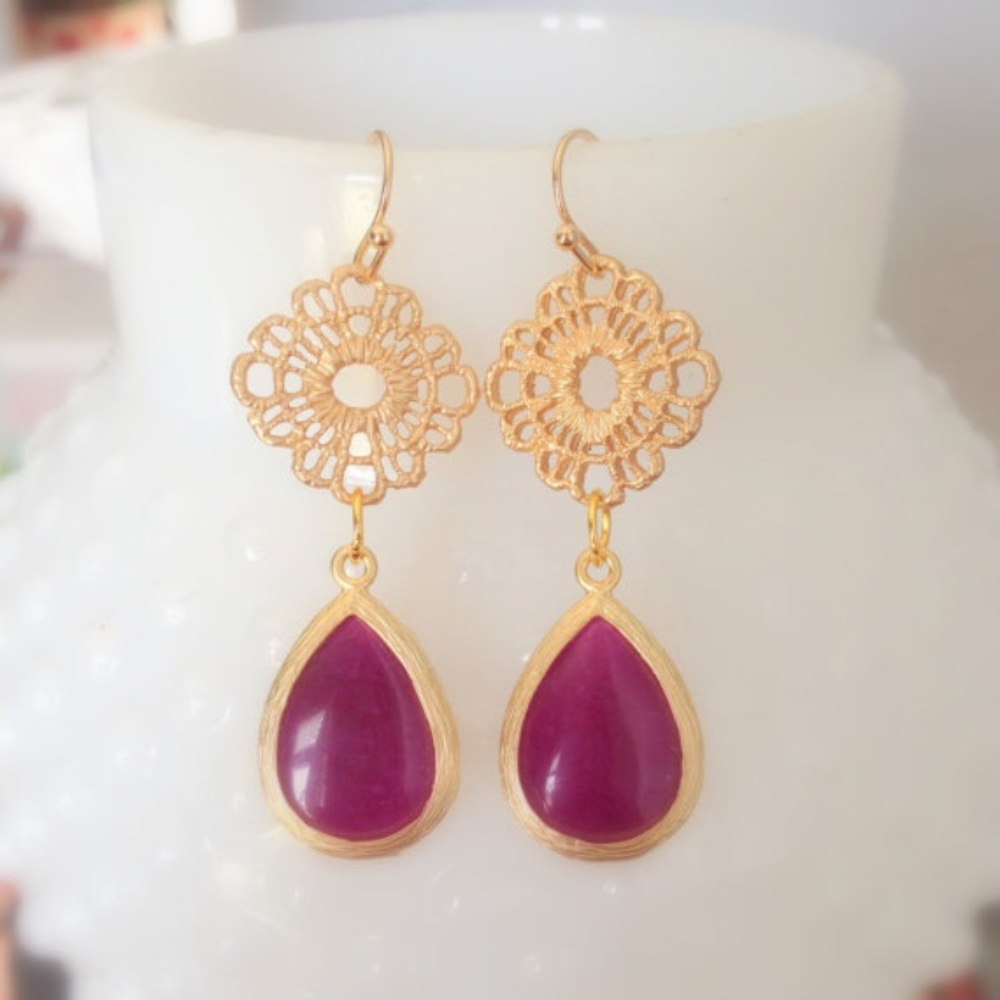Filigree Flower Earrings with Magenta Stone Drop