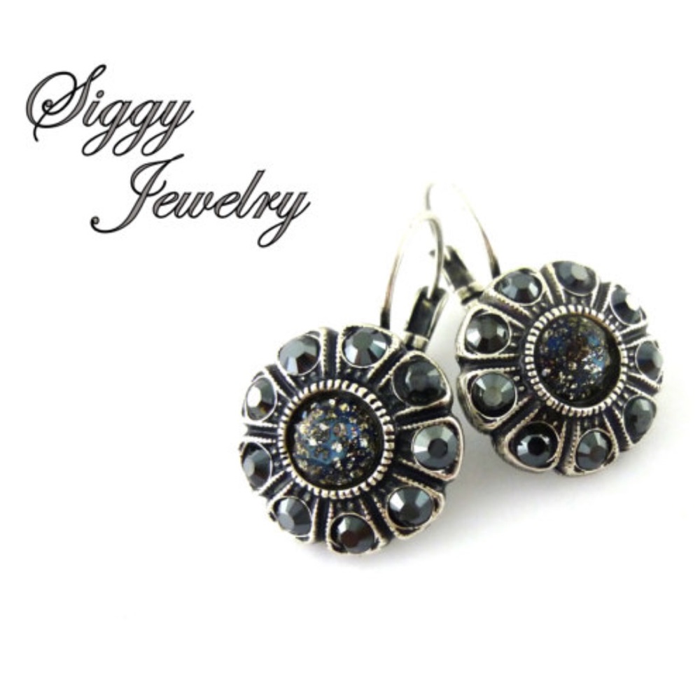 Swarovski Crystal Flower Cluster Earrings Black