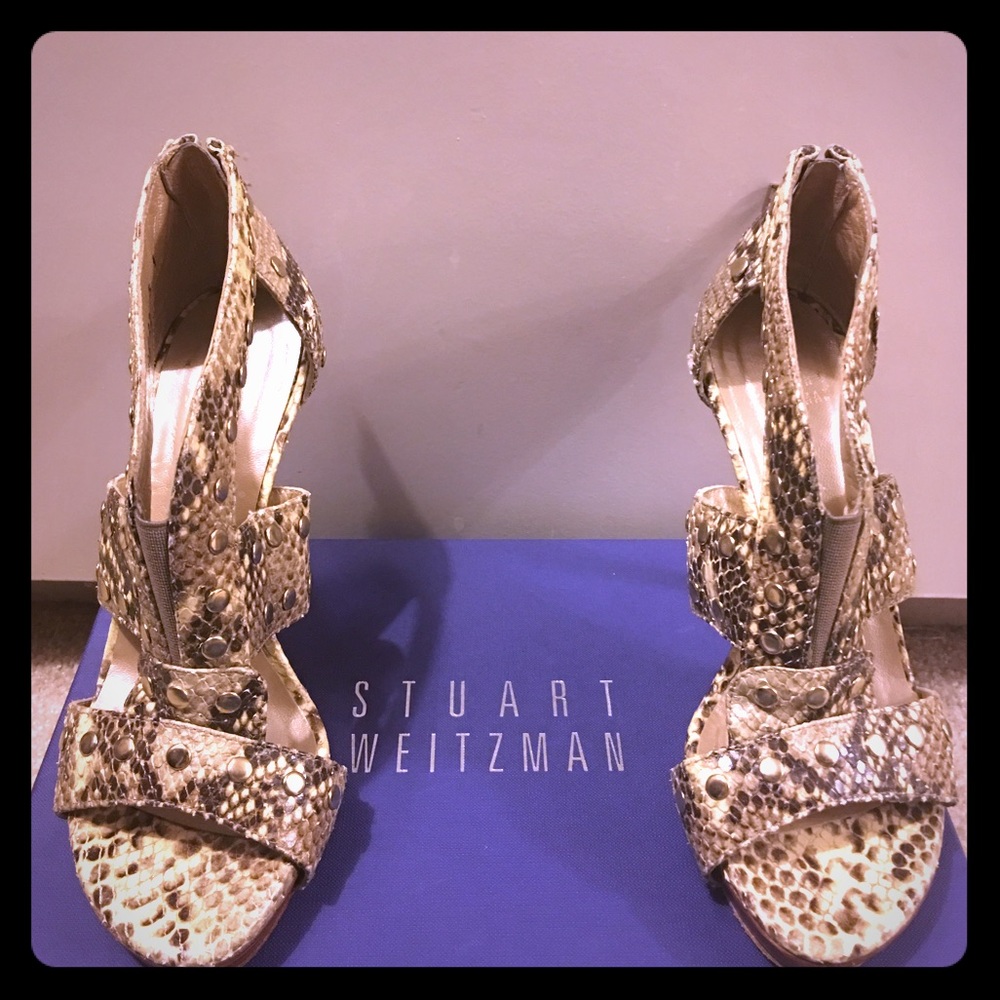 Stuart Weitzman snakeskin studded cage heels