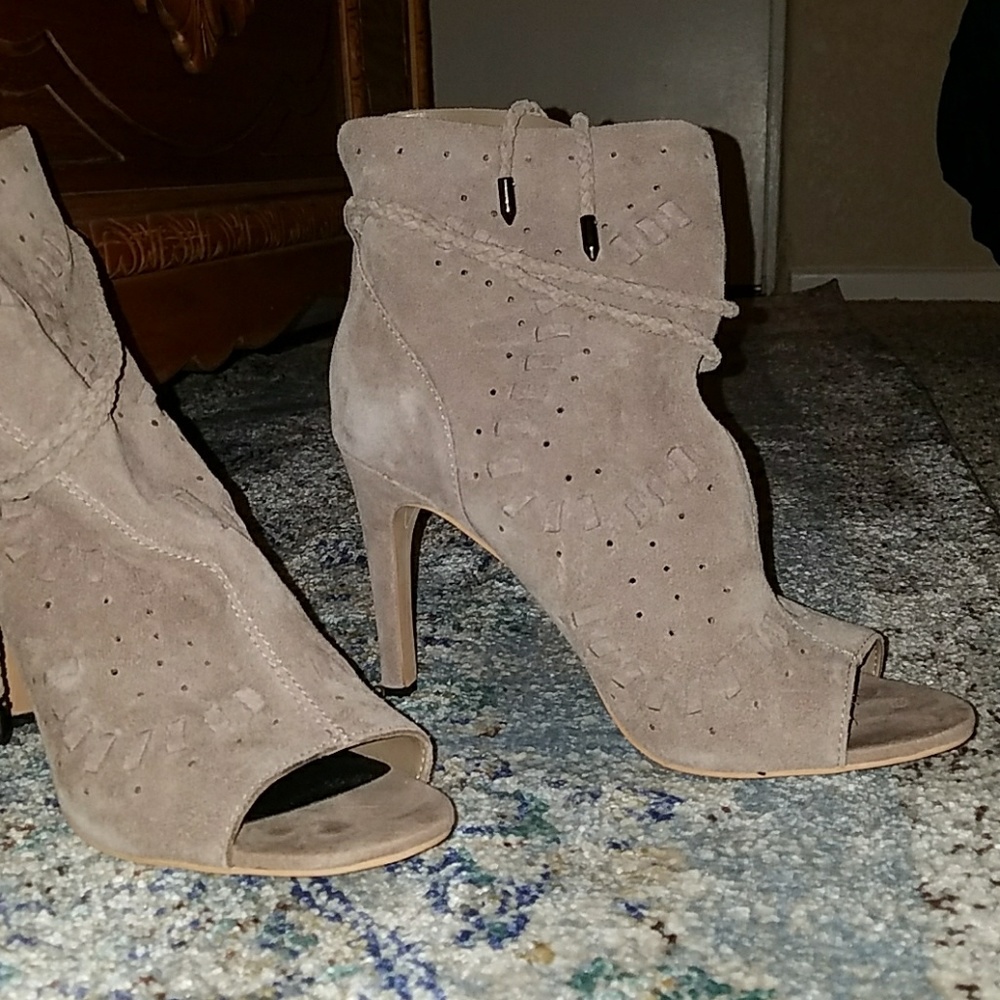 Taupe suede peep toe sexy booties NWOT