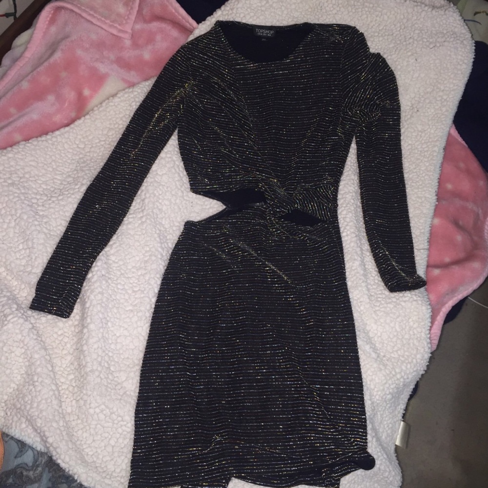 Topshop Glitter Sparkly Long Sleeve Cut Out Dress