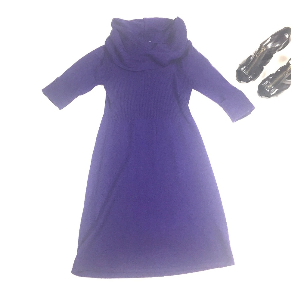 Purple cowl neck sweater dress gauntlet sleeve