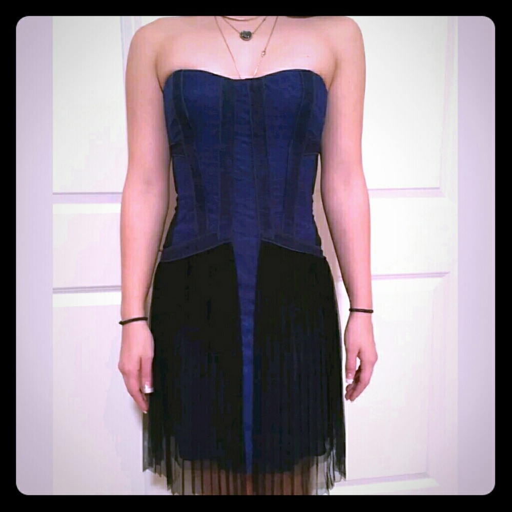 Vintage BCBG Black and Blue Lace Bustier Corset Dress 0