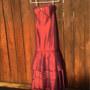 Maroon pinstripe strapless gown with bow detail