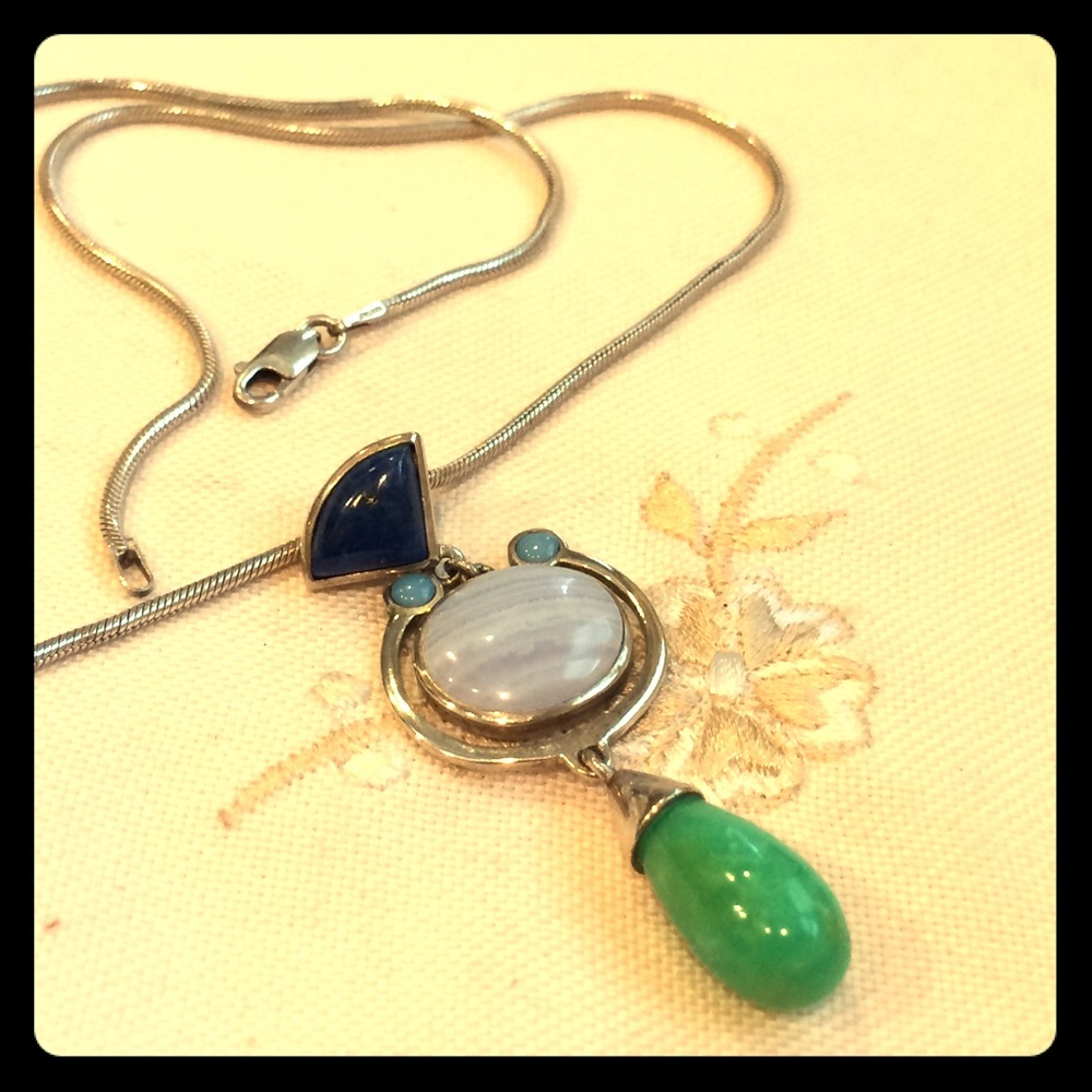 Jade and Lapis Sterling Silver Pendant