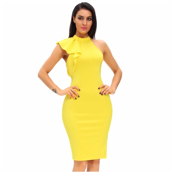 💜 ‼️LAST CALL PRICE FIRM Yellow & Black Stretch Side Ruffle Pencil Dress - Picture 3 of 6