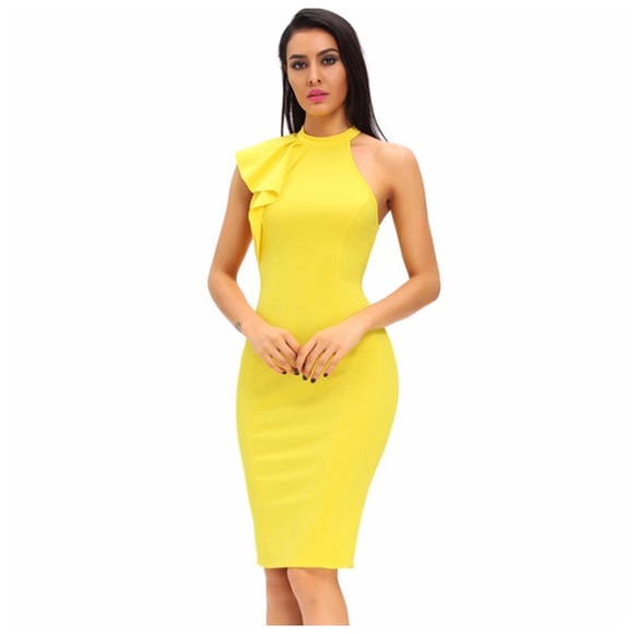 💜 ‼️LAST CALL PRICE FIRM Yellow & Black Stretch Side Ruffle Pencil Dress - Picture 4 of 6