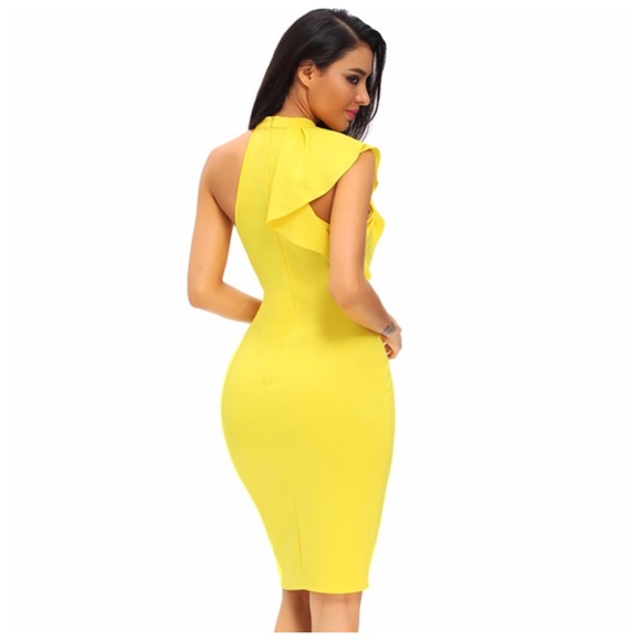 💜 ‼️LAST CALL PRICE FIRM Yellow & Black Stretch Side Ruffle Pencil Dress - Picture 5 of 6