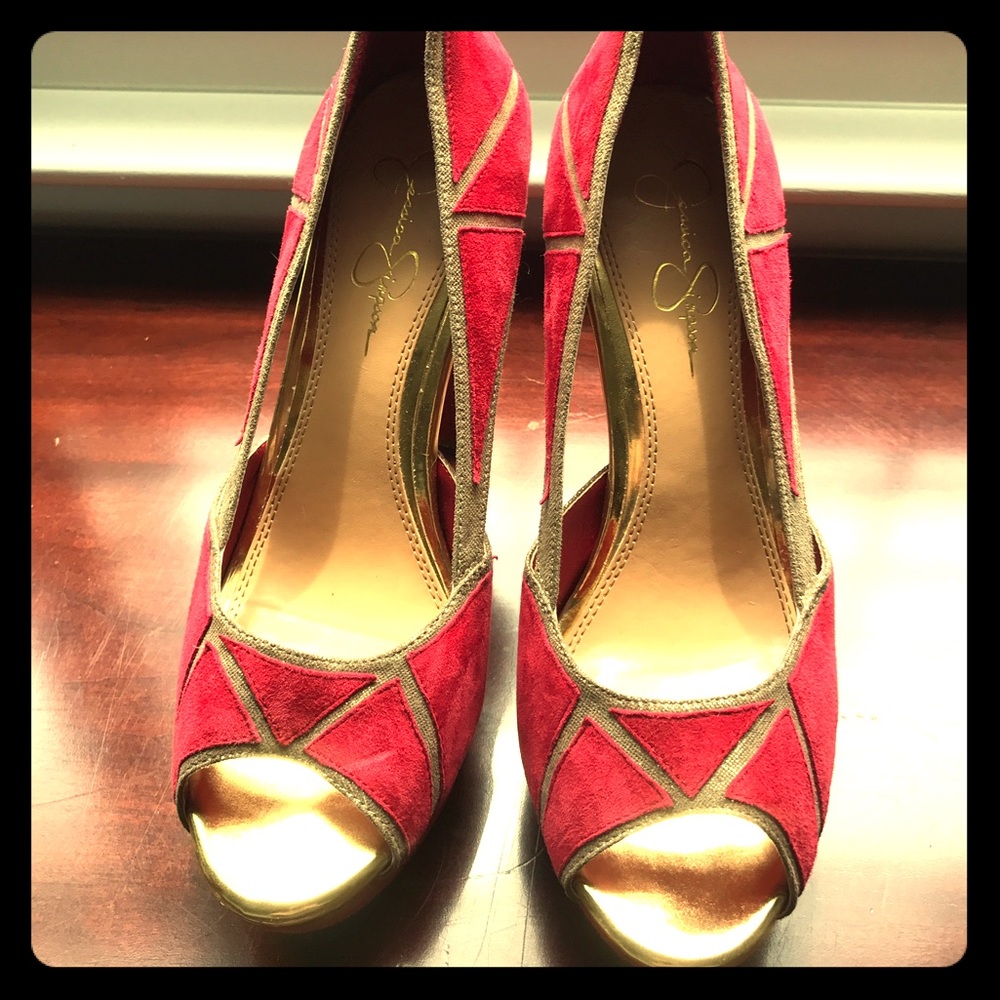 Jessica Simpson EUC Heels Stiletto Red & Gold