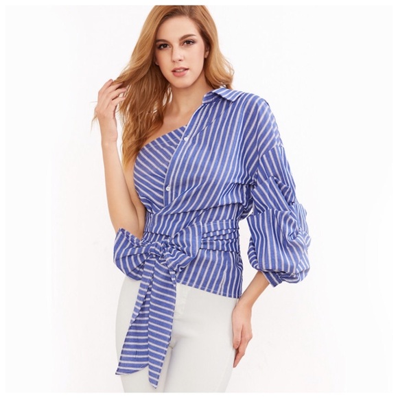 Blue Stripe Ruffle One Shoulder Puff Top - Picture 4 of 5