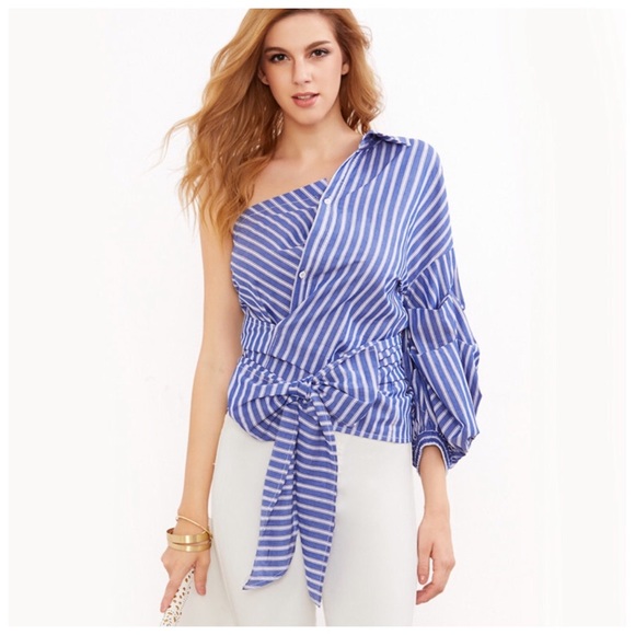 Blue Stripe Ruffle One Shoulder Puff Top - Picture 5 of 5
