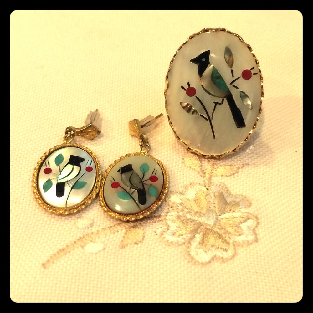 Vintage Bird Pin with Matching Earrings