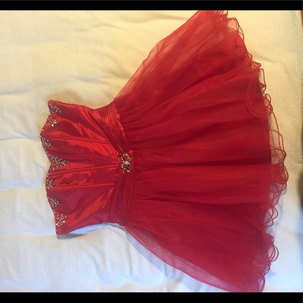 Strapless red dress.