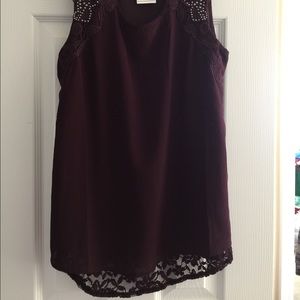 Wine lace & bead embellished sleeveless blouse.