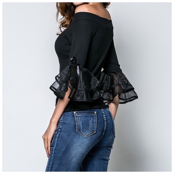 ‼️LAST CALL PRICE FIRM Black Tulle Sleeve  Top - Picture 4 of 6