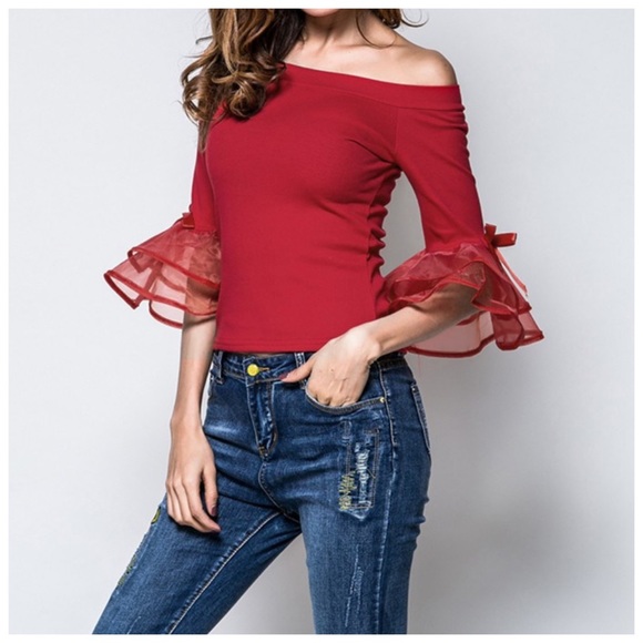 ‼️LAST CALL PRICE FIRM Red Tulle Sleeve Top - Picture 2 of 7
