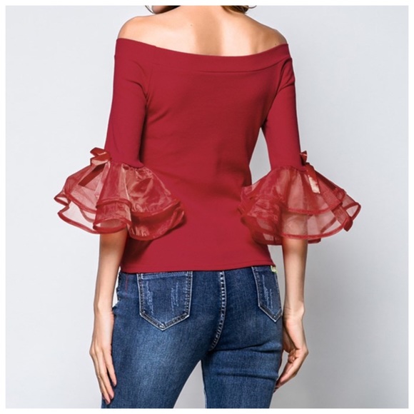 ‼️LAST CALL PRICE FIRM Red Tulle Sleeve Top - Picture 3 of 7