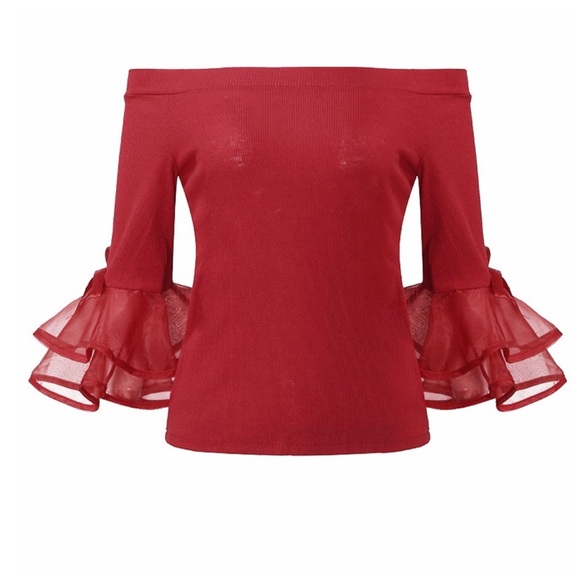 ‼️LAST CALL PRICE FIRM Red Tulle Sleeve Top - Picture 4 of 7