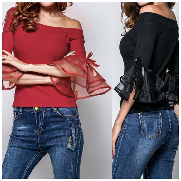 ‼️LAST CALL PRICE FIRM Red Tulle Sleeve Top - Picture 6 of 7