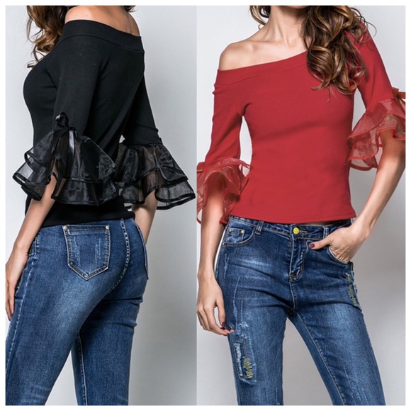 ‼️LAST CALL PRICE FIRM Red Tulle Sleeve Top - Picture 7 of 7