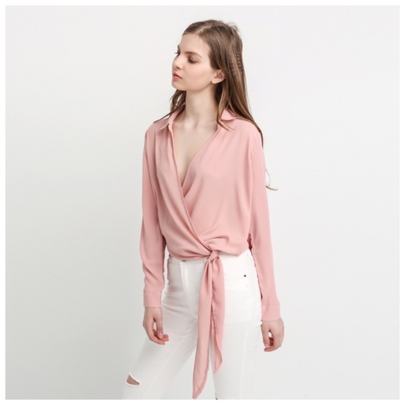 Blush Deep V Tie Waist Wrap Top D40 - Picture 2 of 5