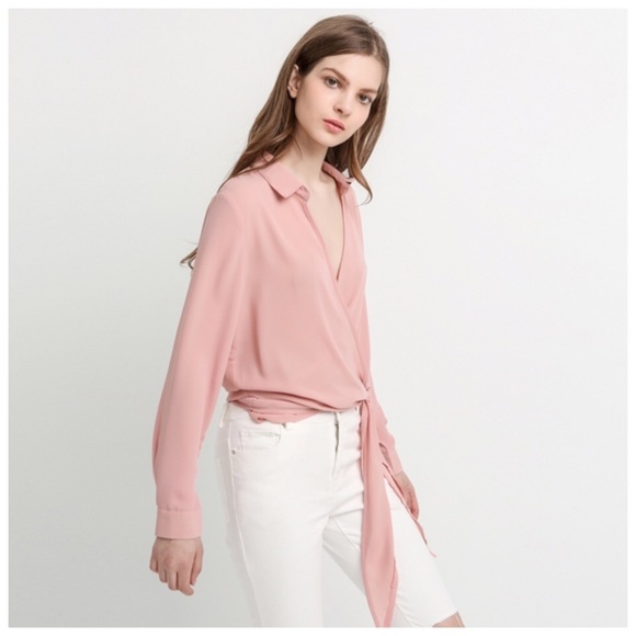 Blush Deep V Tie Waist Wrap Top D40 - Picture 4 of 5