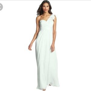 Mint Amsale Illusion Shoulder Crinkle Chiffon