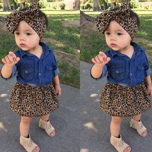 Denim Top + Cheetah Skirt & Headband-3pcs