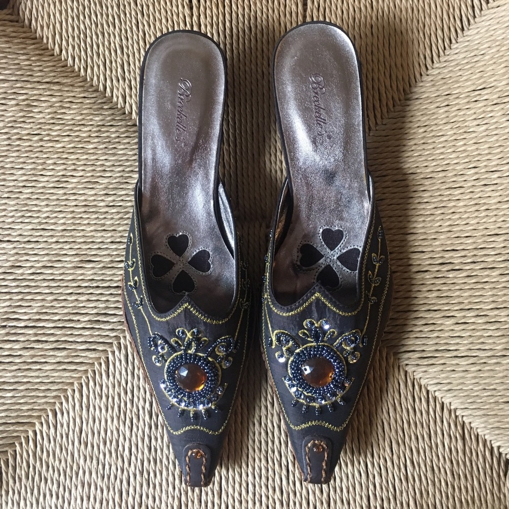 Brown pointed heeled mule