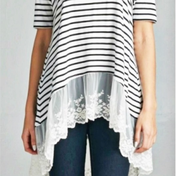 Striped Lace Hem Cropped Shirt