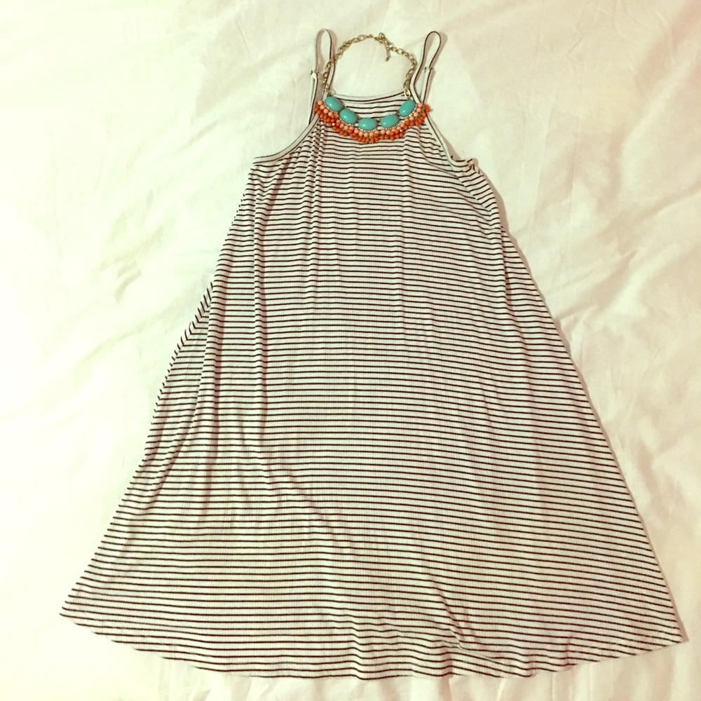 Black and White Striped High Neck Dress