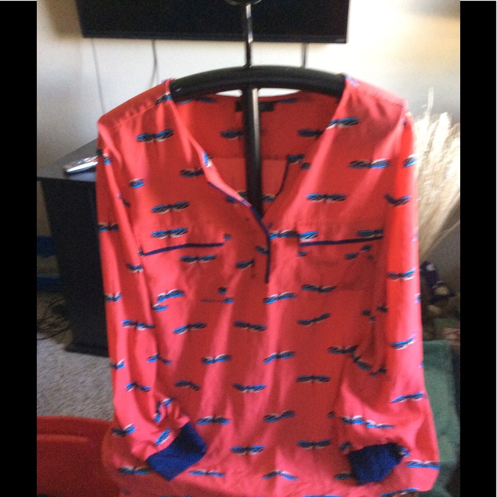 Red tunic with dragonfly print- navy trim