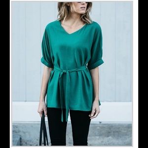 Green Tie-Waist Linen Blend V-Neck Top