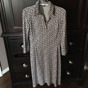 Navy, purple, tan printed dress