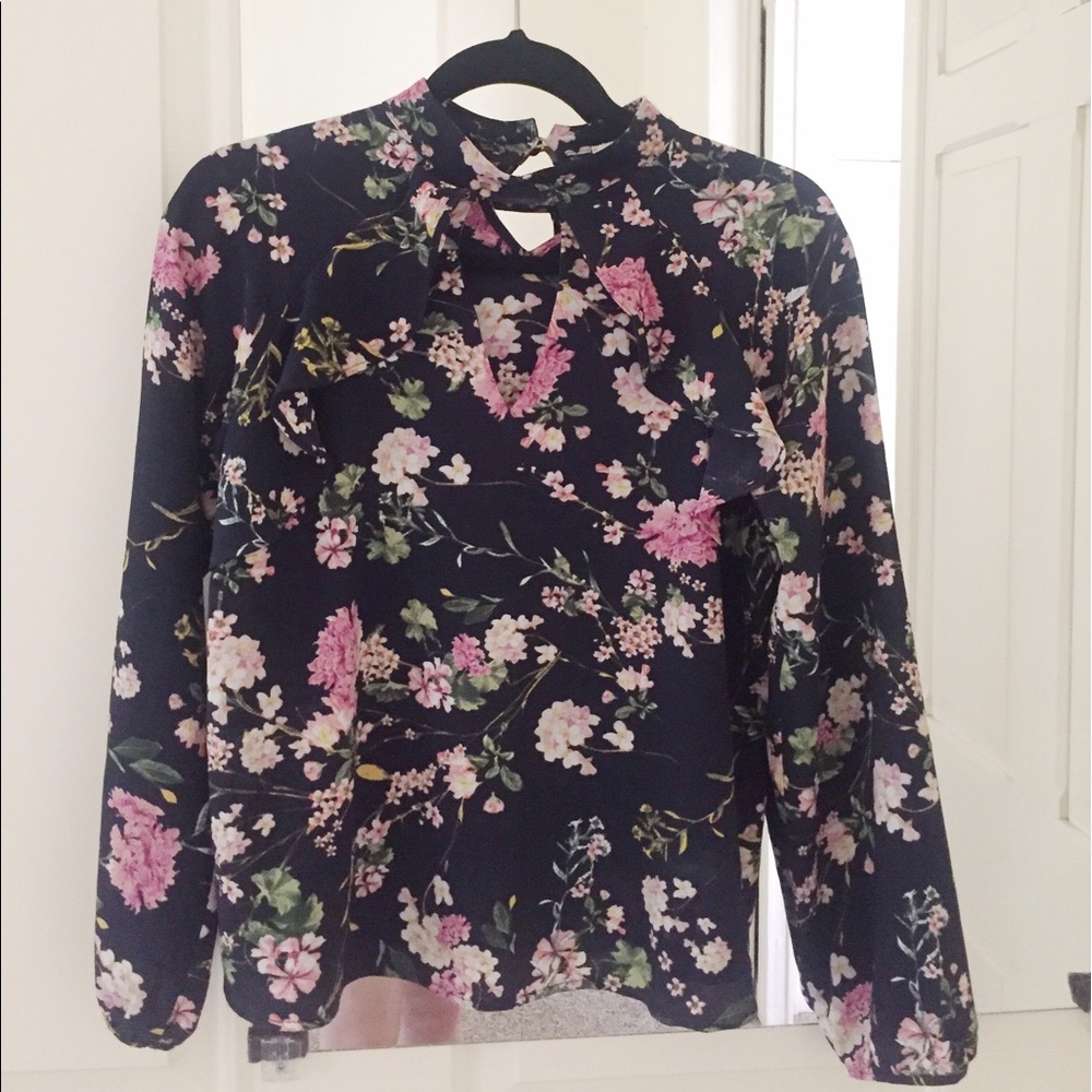Floral Mock Neck Keyhole Blouse NWOT