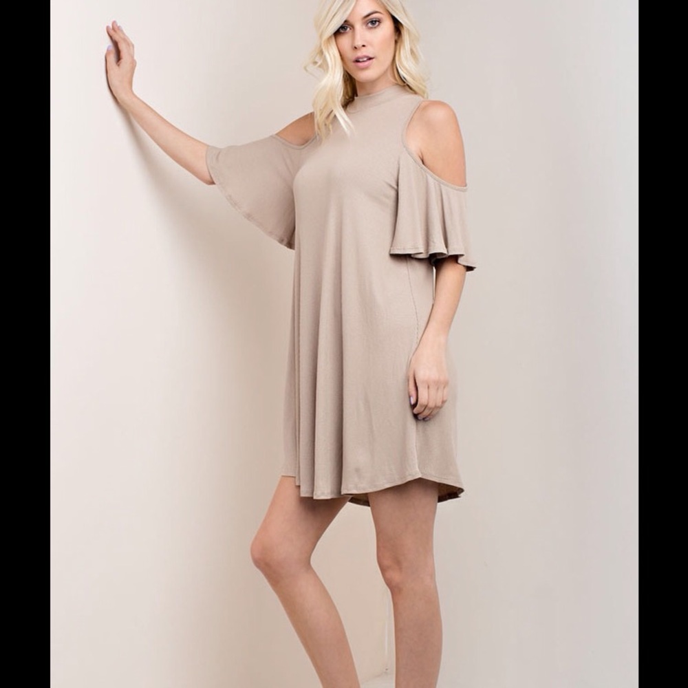 NWOT Cold Shoulder Taupe Ribbed Dress, Size S, M & L - Picture 2 of 4