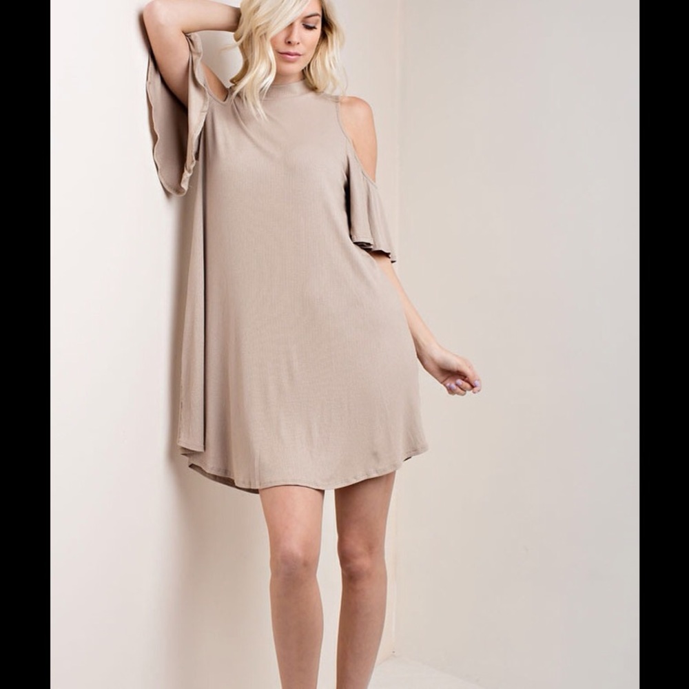 NWOT Cold Shoulder Taupe Ribbed Dress, Size S, M & L - Picture 3 of 4