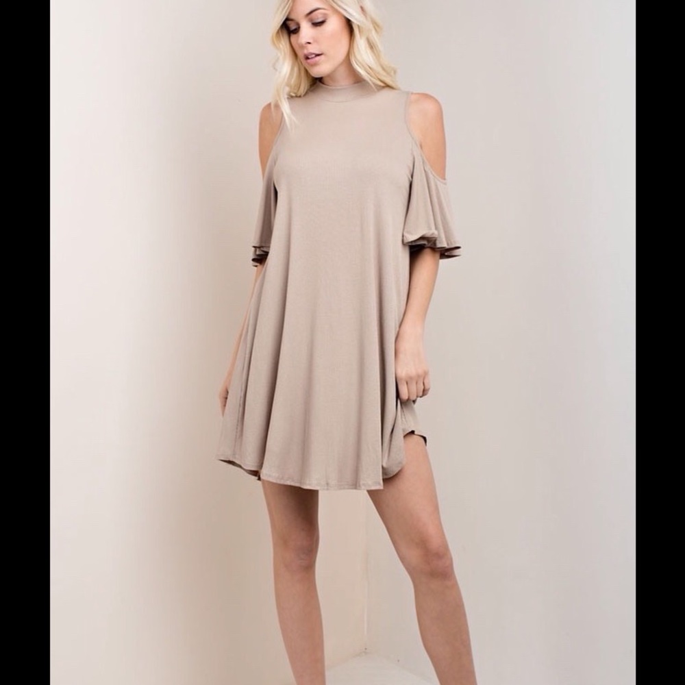 NWOT Cold Shoulder Taupe Ribbed Dress, Size S, M & L - Picture 4 of 4
