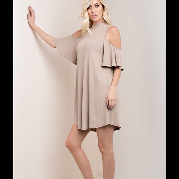 NWOT Cold Shoulder Taupe Ribbed Dress, Size S, M & L - Picture 2 of 4