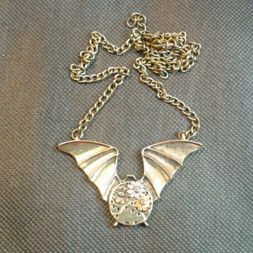 Golden steampunk bat necklace